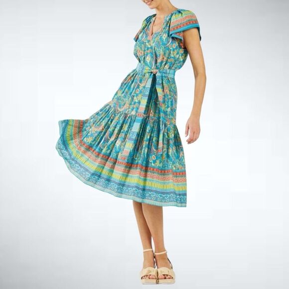 Size S Anthropologie Current Air Paisley Border Print Midi Dress in Blue/Orange - Picture 1 of 8